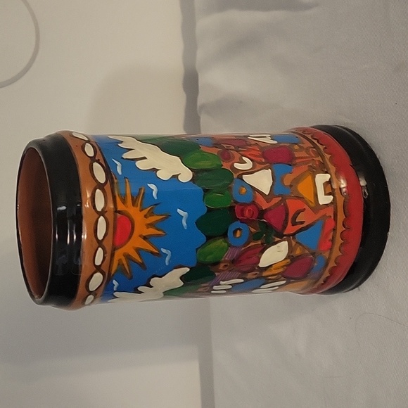 Folk Art Mexican Pottery Terra Cotta "Village Celebration" Tall Mug - Picture 2 of 6
